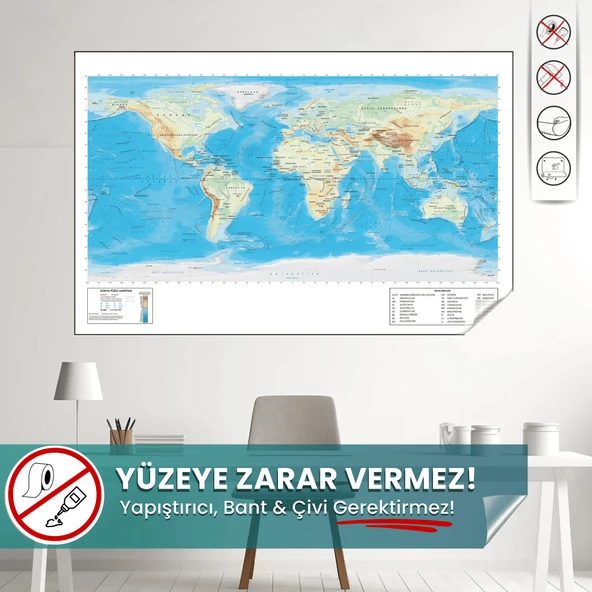 Dünya Fiziki Harita - Yüzeye Zarar Vermez, Yapışkansız Tutunan Statik Sihirli Akıllı Kağıt Harita