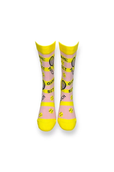 Tekli Sarı Renkli Unisex Esnek Nem Alabilen Pamuklu Tenis Desenli Soket Çorap - Resim 3