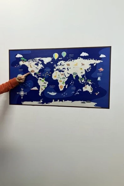 Hayvanlı Dünya Haritası - Eğlenceli Çocuk Odası Sticker, Yüzeye Zarar Vermeyen Sihirli Kağıt Harita - Resim 4