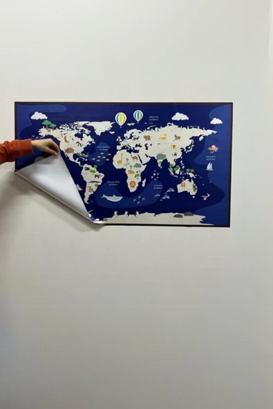 Hayvanlı Dünya Haritası - Eğlenceli Çocuk Odası Sticker, Yüzeye Zarar Vermeyen Sihirli Kağıt Harita - Resim 3