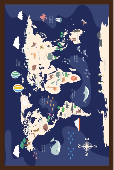 Hayvanlı Dünya Haritası - Eğlenceli Çocuk Odası Sticker, Yüzeye Zarar Vermeyen Sihirli Kağıt Harita - Resim 2