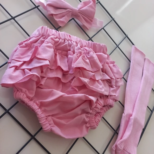 MARS BABY Kız Bebek Pembe Fırfır Şort Etek Bandana ve Çorap Seti - 2