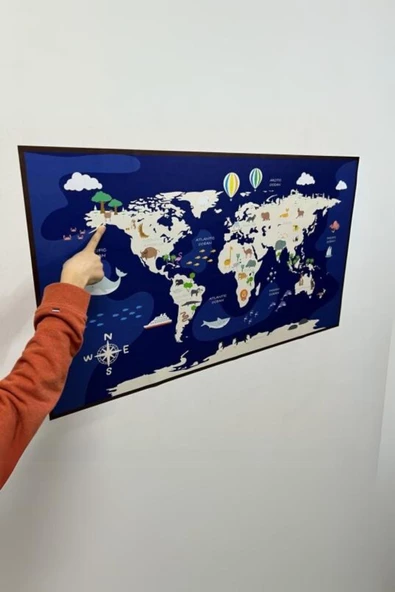 Hayvanlı Dünya Haritası - Eğlenceli Çocuk Odası Sticker, Yüzeye Zarar Vermeyen Sihirli Kağıt Harita - Resim 6