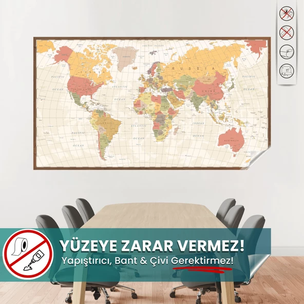 Renkli Dünya Haritası, Eğitici Ve Öğretici, Çocuk ve Oyun Odası Duvar Sticker, Akıllı Kağıt Harita