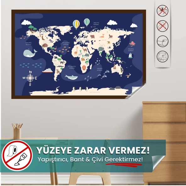 Hayvanlı Dünya Haritası - Eğlenceli Çocuk Odası Sticker, Yüzeye Zarar Vermeyen Sihirli Kağıt Harita