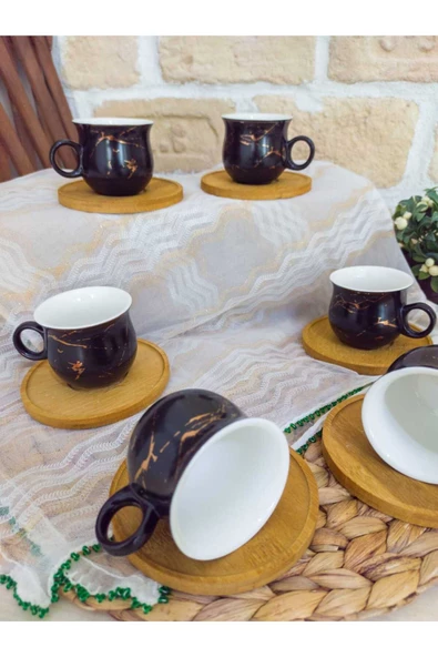 Tür züccaciyeMs Morry Mermer Desen Siyah Porselen Kahve Fincan Takımı Bambu Altlık - 5