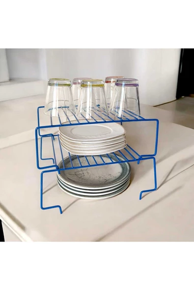 EceAksesuar Metal Raf - Bardak Rafı- Düzenleme Rafı Dolap Içi 2 Katlı Mavi Renk Düzenleyici Raf-Tezgah Üstü