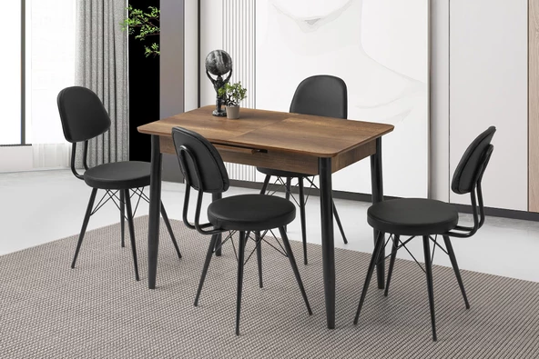 Açılır 60x100 Cm Mini Silva Ceviz Masa 4 Adet Ece Sandalye Takım