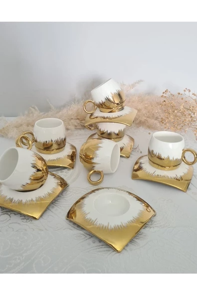 Furkan Beyaz-gold Porselen Kahve Fincan Takımı Kare Altlık