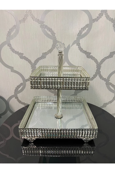 AKMETAL Hürrem Aynalı Gümüş Renk Iki Katlı Kare Bayram Şekerlik Çikolatalık