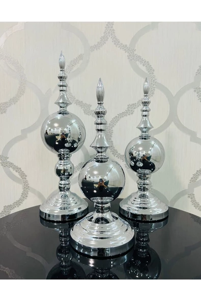 Furkan Dekoratif Metal Küre Gümüş Üçlü Obje - Resim 2