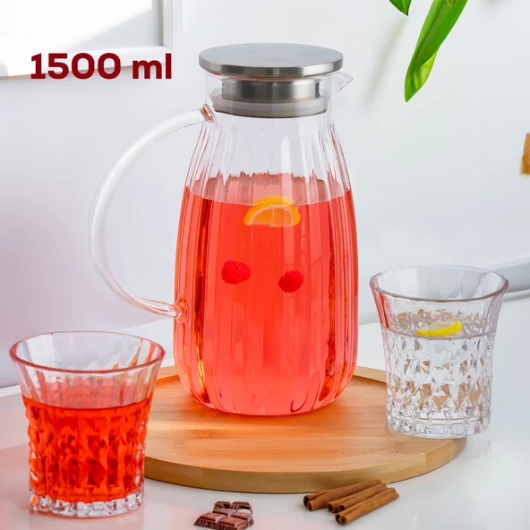 Porsima 15316 Borosilikat Cam Sürahi Metal Kapaklı Cam Karaf - Detoks Sürahi 1500 ML