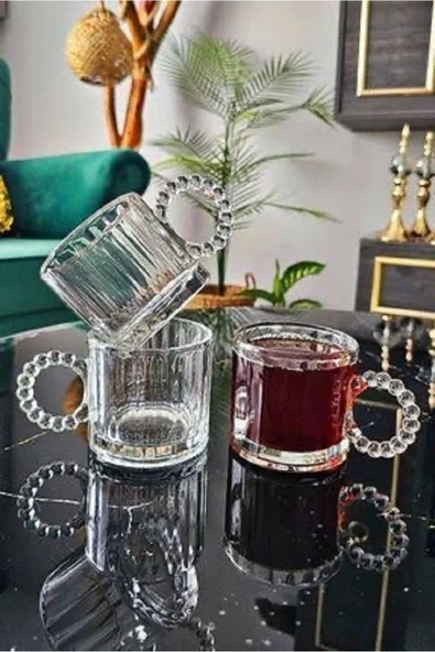 Bycomo 3 Lü Cam Boncuk Kulplu Bardak Kupa Çay Kahve Meşrubat Bardağı 325ml - 3