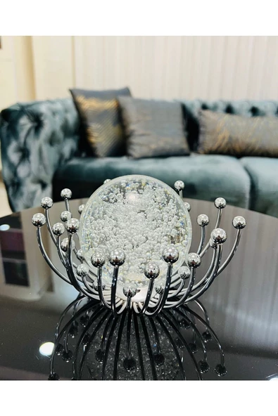 Furkan Dekoratif Metal Damlalı Cam Küre Gümüş Obje - Resim 3