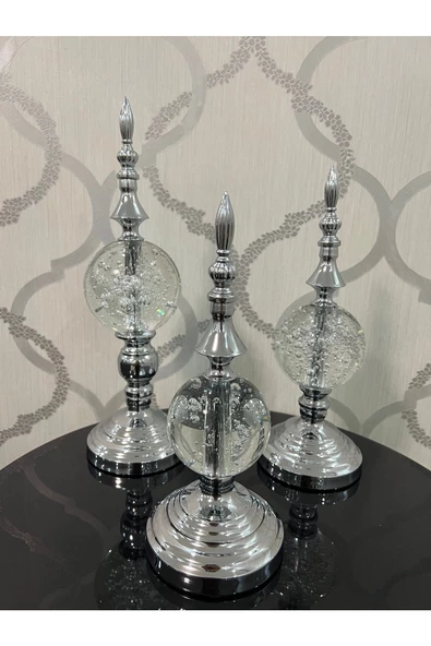 Furkan Dekoratif Damlalı Cam Küre Gümüş Cam Üçlü Obje - Resim 2