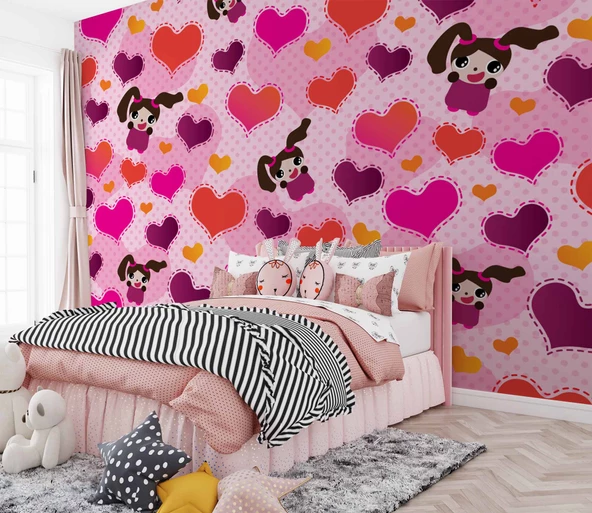 Kalpli Pembe Çocuk Duvar Duvar Kağıdı Baskı - Resim 2