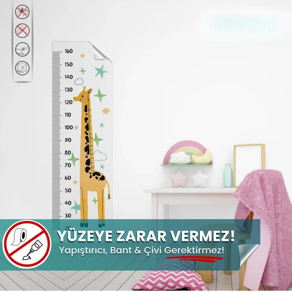 Boy Cetveli, Duvarda Iz Bırakmaz, Yapışkansız Tutunma Özellikli Akıllı Kağıt Sticker (Zürafa Temalı)