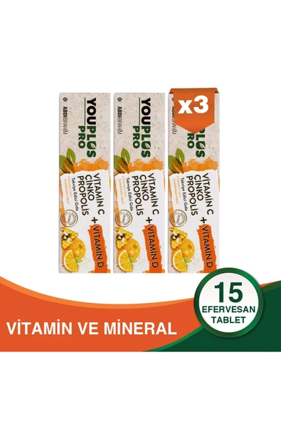 YOUPLUS Pro Vitamin C, D, Çinko & Propolis 15 Efervesan Tablet 3 Adet