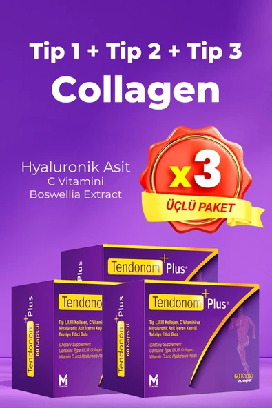 TENDONOM PLUS Tip 1-2-3 Kollajen + Hiyalüronik Asit 60 Kapsül x 3 Adet