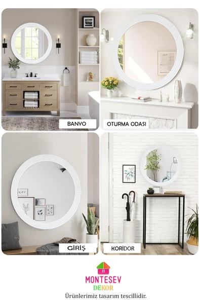 Safir Ahşap Elit Dekoratif Ayna Yuvarlak Ayna Işlemeli Banyo Duvar Aynası Üçlü / 69 - 56 - 43 Cm - 5