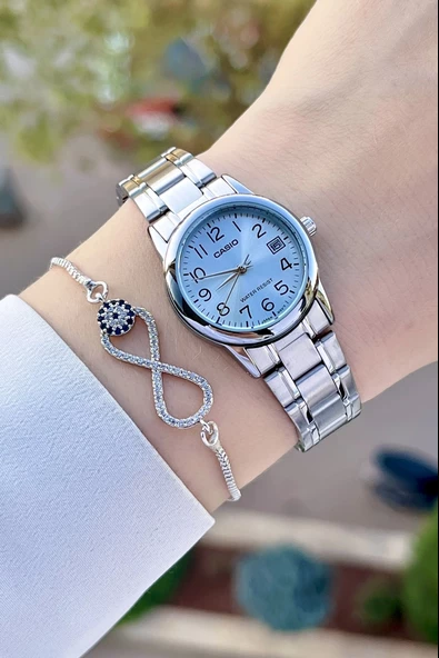 Casio CSISTE110 Kadranı Mavi Kordonu Gümüş Renk Takvimli Hediye Paketli Kadın Kol Saati - Resim 4