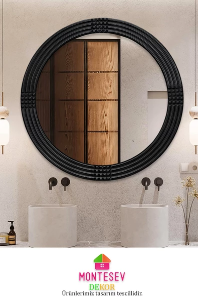 Safir Ahşap Elit Dekoratif Ayna Yuvarlak Ayna Işlemeli Banyo Duvar Aynası Üçlü / 69 - 56 - 43 Cm - 4