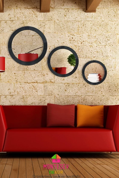 Safir Ahşap Elit Dekoratif Ayna Yuvarlak Ayna Işlemeli Banyo Duvar Aynası Üçlü / 69 - 56 - 43 Cm