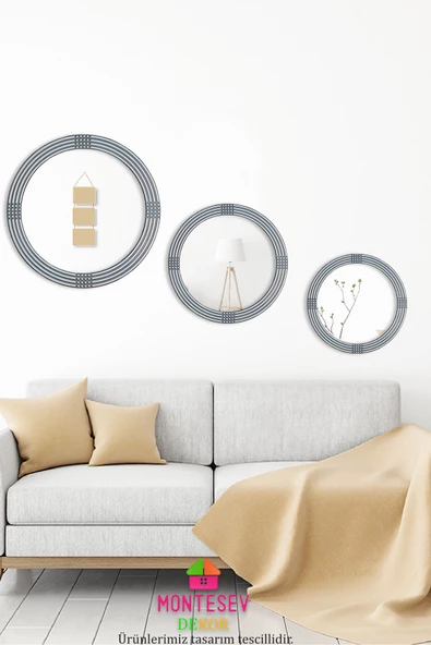 Safir Ahşap Elit Dekoratif Ayna Yuvarlak Ayna Işlemeli Banyo Duvar Aynası Üçlü / 69 - 56 - 43 Cm - 3