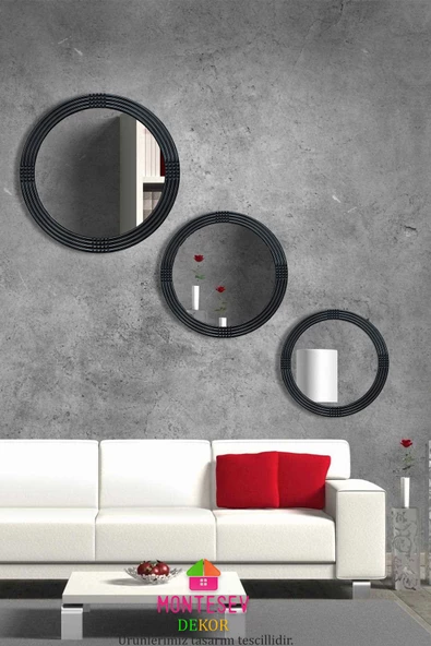 Safir Ahşap Elit Dekoratif Ayna Yuvarlak Ayna Işlemeli Banyo Duvar Aynası Üçlü / 69 - 56 - 43 Cm - 3
