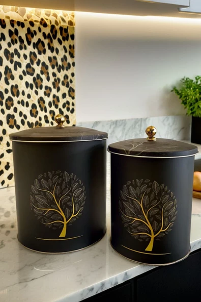 2'li Siyah & Gold Ağaç Desenli Metal Patates ve Soğanlık Kovası Sebzelik Sepeti 28*22-25*19 - 2