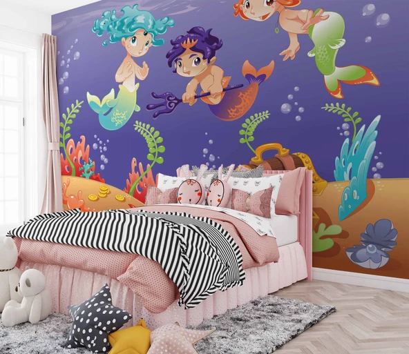 Su Altı Minik Yüzücüler Çocuk Duvar Duvar Kağıdı Baskı - Resim 2