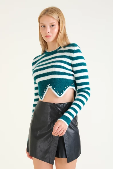 Kadın Çizgili Taş Baskılı Crop Tüylü Kazak Zümrüt - 4