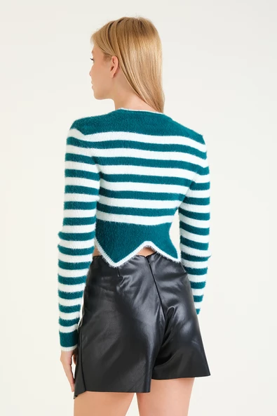 Kadın Çizgili Taş Baskılı Crop Tüylü Kazak Zümrüt - 6