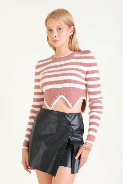 Kadın Çizgili Taş Baskılı Crop Tüylü Kazak Gül - 2