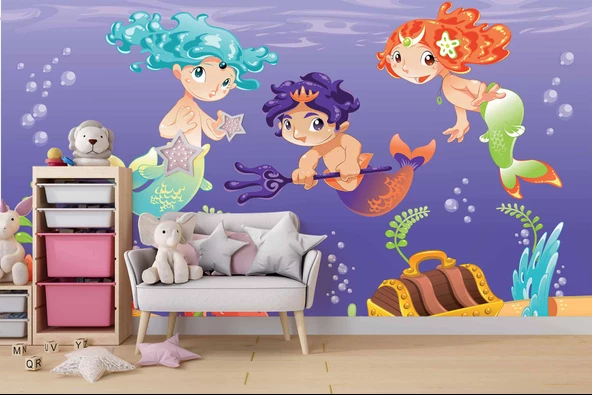 Su Altı Minik Yüzücüler Çocuk Duvar Duvar Kağıdı Baskı - Resim 4