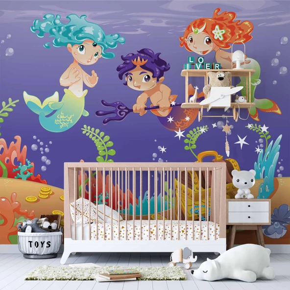 Su Altı Minik Yüzücüler Çocuk Duvar Duvar Kağıdı Baskı - Resim 3