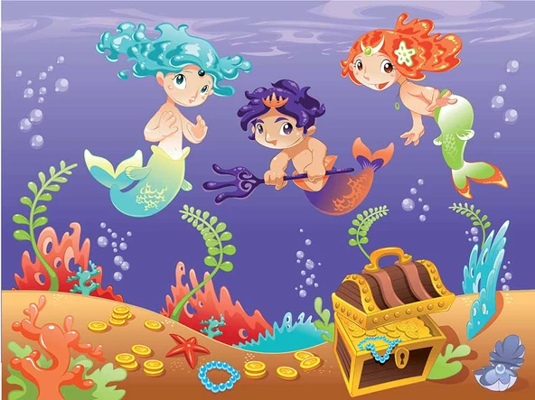 Su Altı Minik Yüzücüler Çocuk Duvar Duvar Kağıdı Baskı - Resim 6