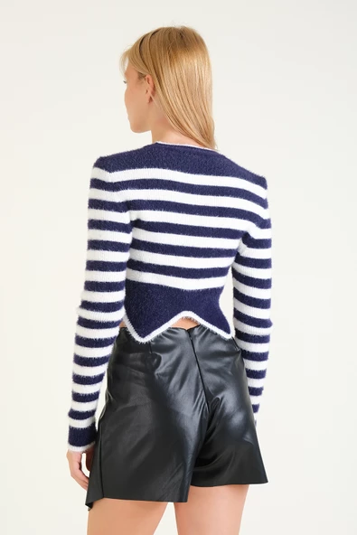 Kadın Çizgili Taş Baskılı Crop Tüylü Kazak Lacivert - 6