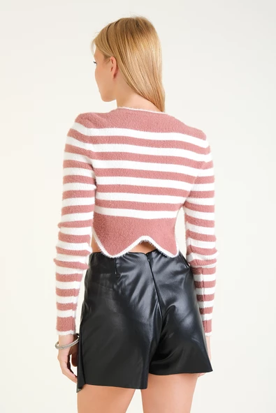 Kadın Çizgili Taş Baskılı Crop Tüylü Kazak Gül - 6