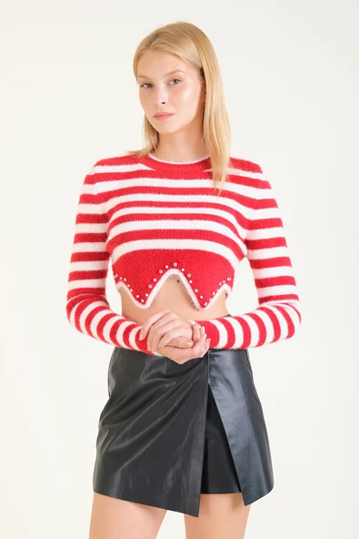 Kadın Çizgili Taş Baskılı Crop Tüylü Kazak Kırmızı - 5