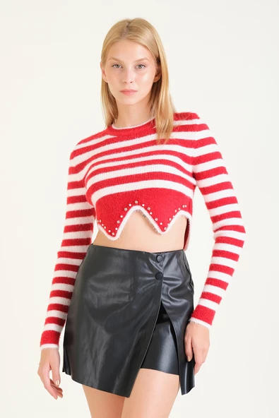 Kadın Çizgili Taş Baskılı Crop Tüylü Kazak Kırmızı - 4