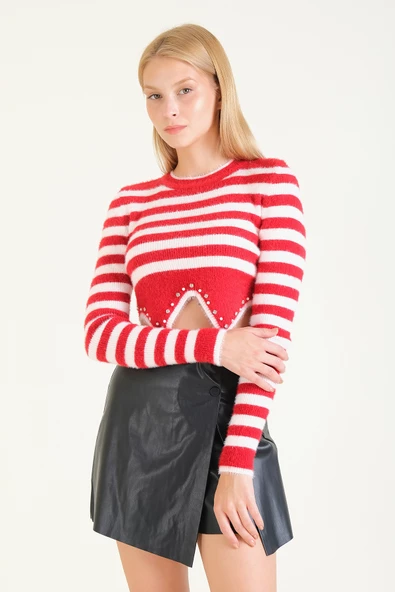 Kadın Çizgili Taş Baskılı Crop Tüylü Kazak Kırmızı - 3