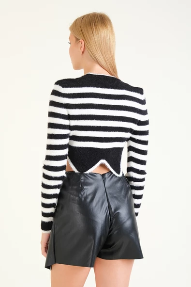 Kadın Çizgili Taş Baskılı Crop Tüylü Kazak Siyah - 6