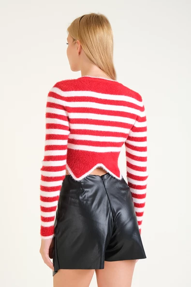 Kadın Çizgili Taş Baskılı Crop Tüylü Kazak Kırmızı - 6