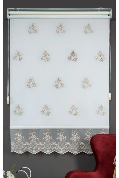 Blind-X Bej Çift Mekanizmalı Kadife Sedef Nakışlı Tül Stor Perde (Dayanıklı Alüminyum Kasa)