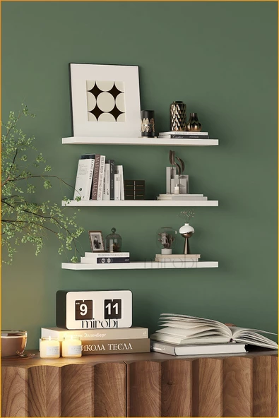 Mirobi Duvar Rafı Dekoratif 3lü Raf Gizli Montaj Beyaz - 4