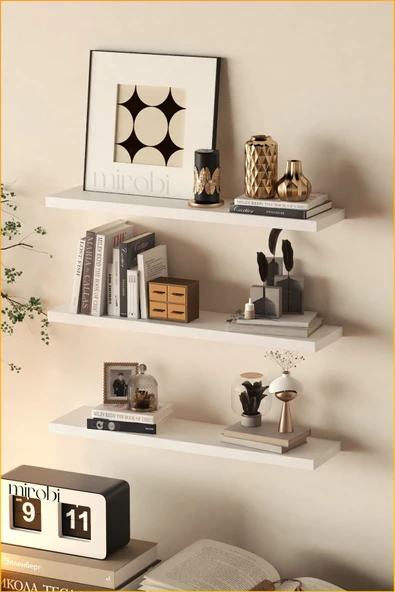 Mirobi Duvar Rafı Dekoratif 3lü Raf Gizli Montaj Beyaz - 6