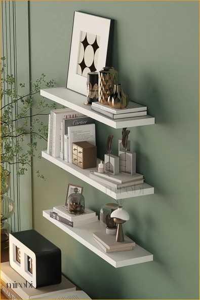 Mirobi Duvar Rafı Dekoratif 3lü Raf Gizli Montaj Beyaz - 2