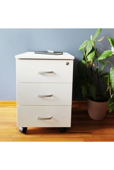 Mirobi Beyaz 3 Çekmeceli, Kilitli, Tekerlekli Masa Altı Keson
