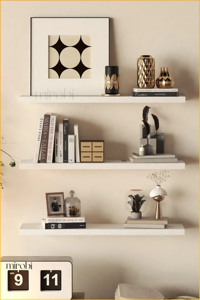 Mirobi Duvar Rafı Dekoratif 3lü Raf Gizli Montaj Beyaz - 8